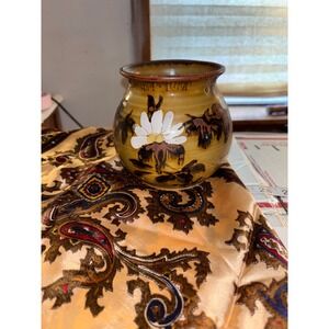 Vintage Hand Painted Ceramic Daisy Pot Brown Mustard Glazed Floral Jar 3.5 Inch